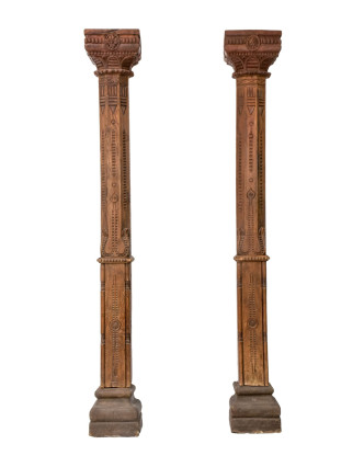 Staré stĺpy z teakového dreva, kamenné podstavce, ručne vyrezávané, 31x31x223cm