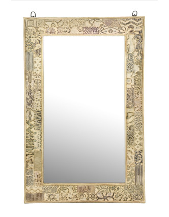 Zrkadlo v ráme z teakového dreva zdobené starými raznicami, 77x4x122cm