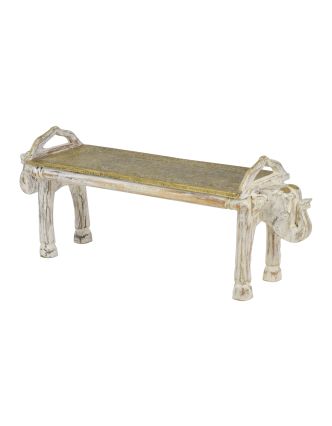 Stolička z mangového dreva, slonie hlavy, zdobená mosadzným kovaním, 121x31x47cm