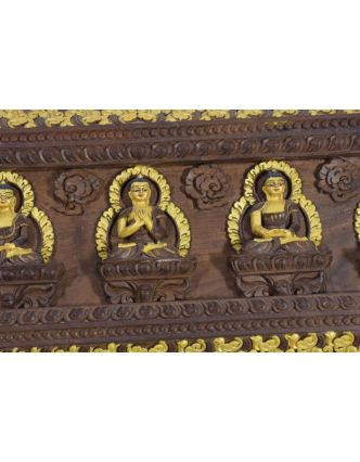 Drevený panel, Päť Dhjánibudhov, ručne vyrezávaný, pozlátený, 73x25cm